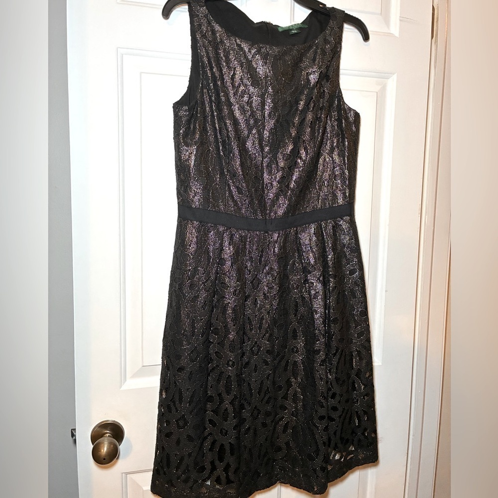 Lauren Ralph Lauren Black Silver Lace Fit & Flare Dress Sz 12 Sleeveless Formal